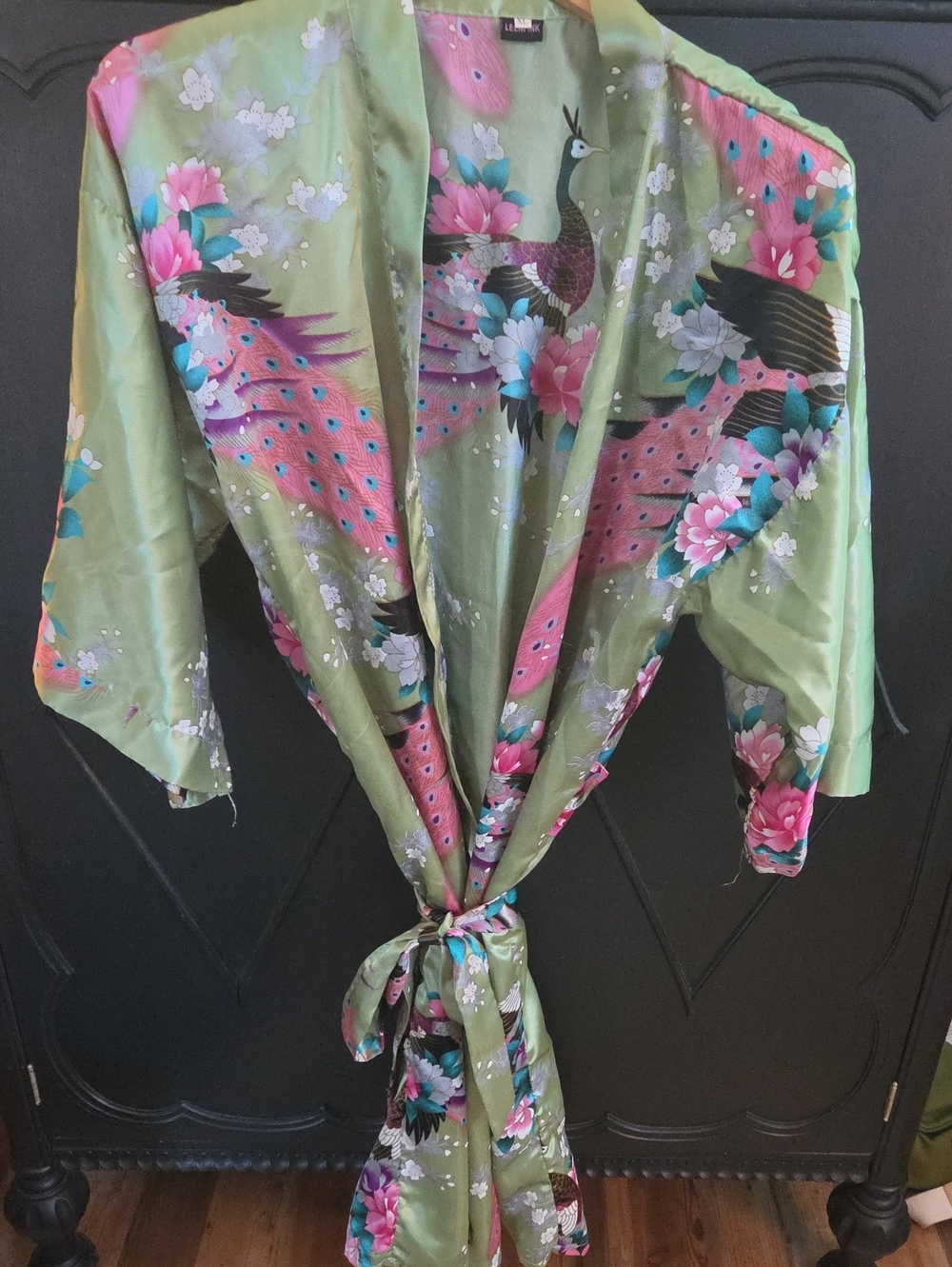 Silk Kimono Jacket with Peacock Floral Print - Green/Pink